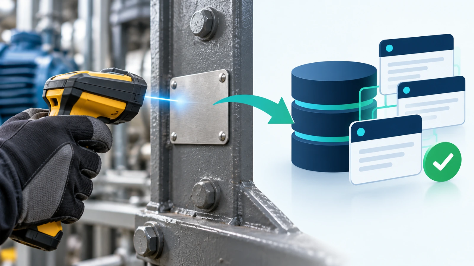 Technician scanning a metal tag on industrial equipment, with an arrow linking the tag to a stylized asset database