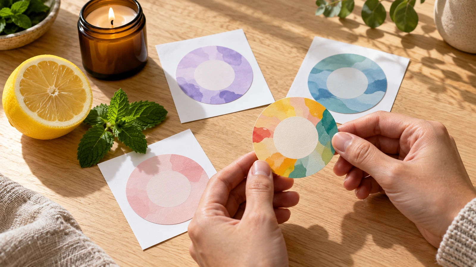 Buyer's hands comparing an unlabeled scented sticker sample with a fresh lemon, a sprig of mint and a candle on a clean workbench