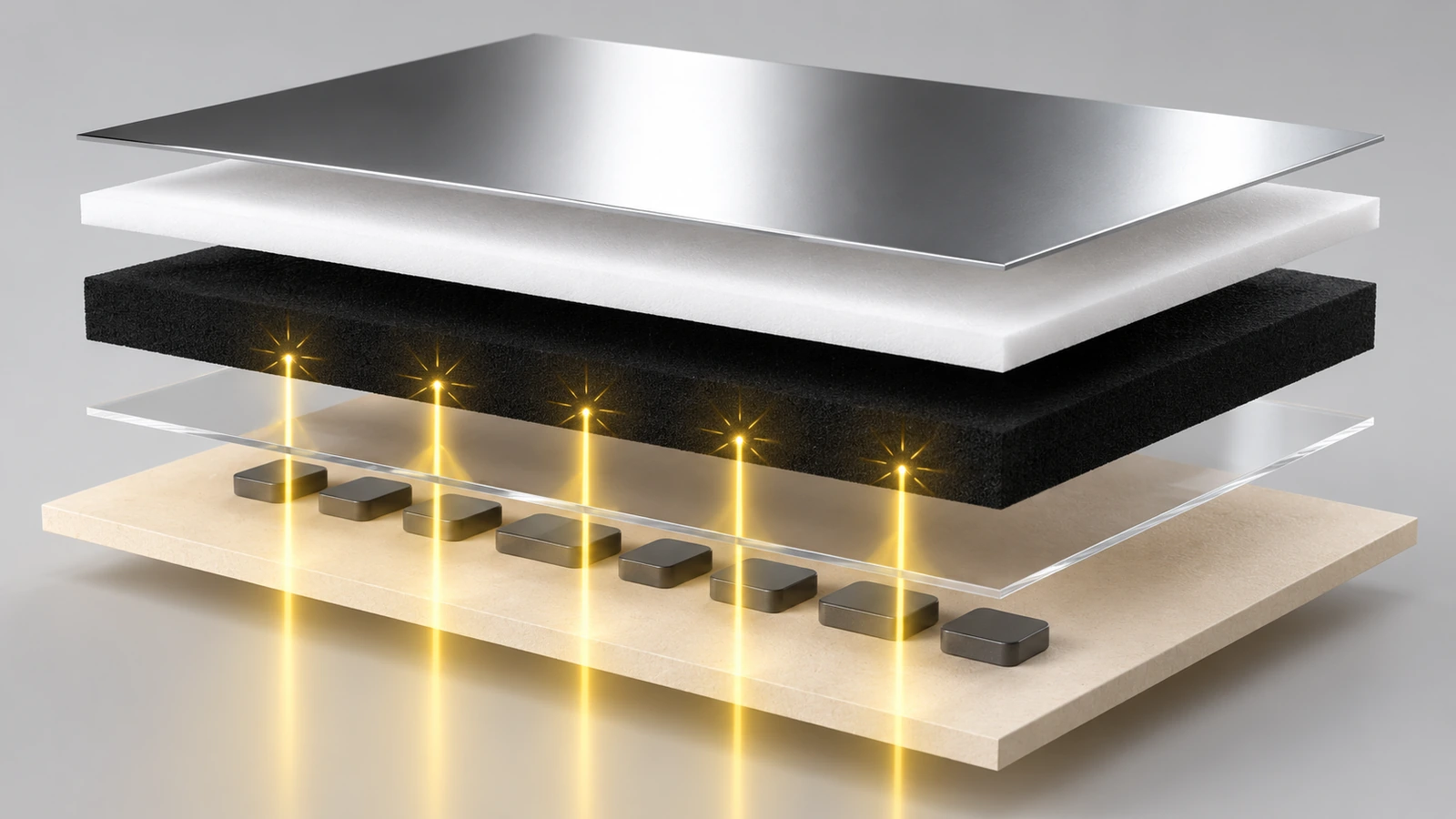 Cross-section illustration of a scratch-off panel showing a dark light-absorbing blockout layer, a white scattering layer and a silver scratch coat stacked over a hidden code on card stock
