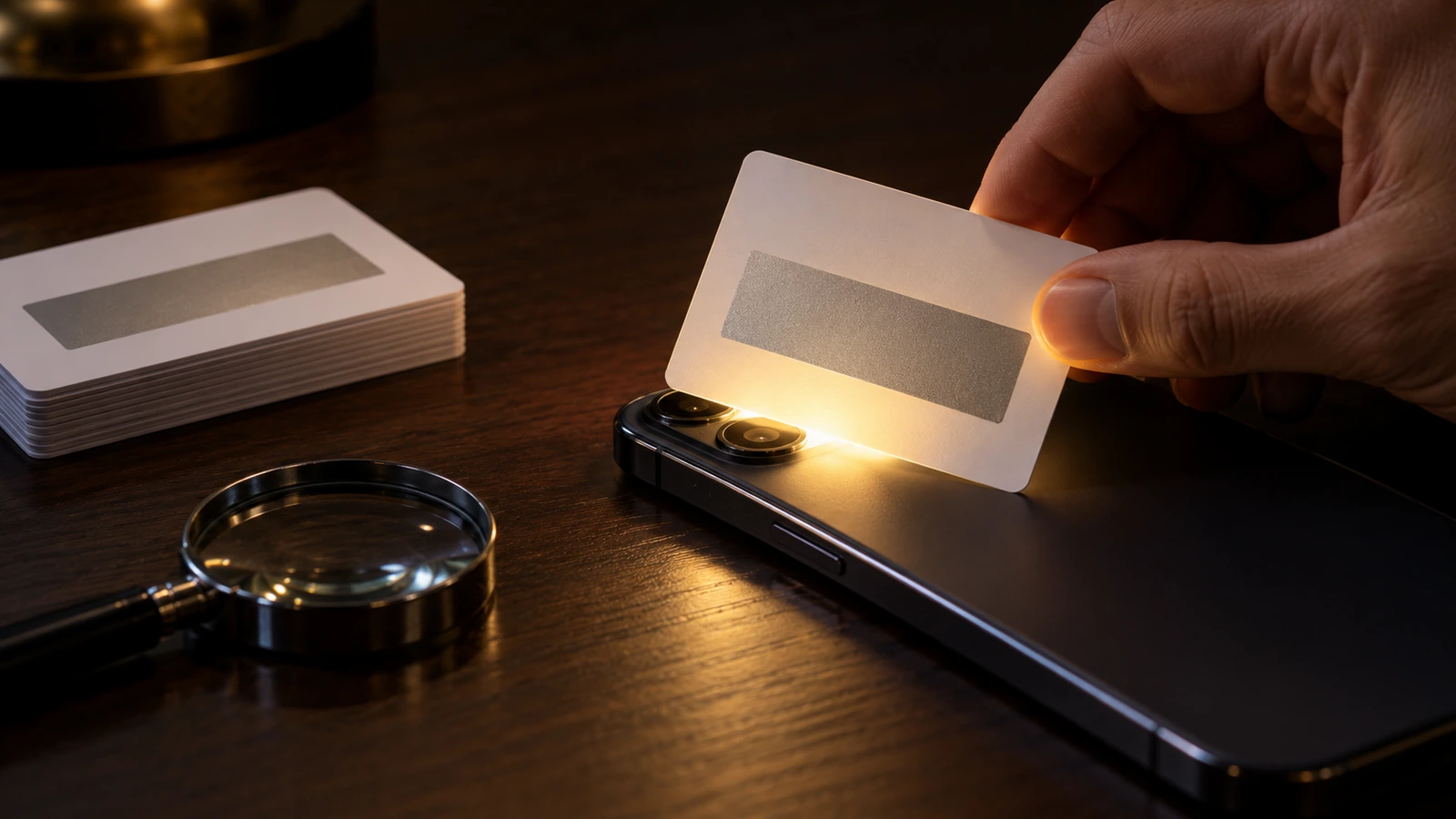 Hand holding a scratch-off card over a phone flashlight in a dark room to check whether the hidden code shows through the silver panel