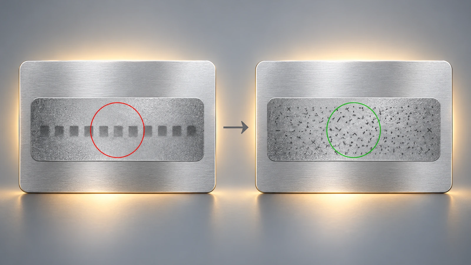 Concept illustration comparing a hidden code that shows as a clear shadow under backlight with the same panel where a dense random masking pattern turns the shadow into unreadable noise