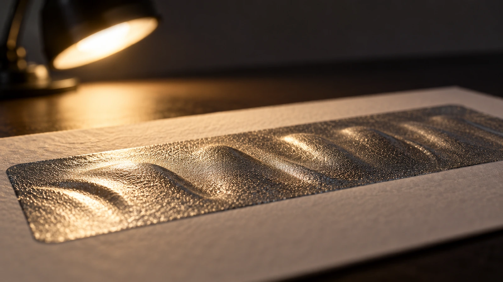 Low-angle lamp light skimming across a silver scratch-off panel, casting faint shadows that reveal indentations from the hidden print underneath