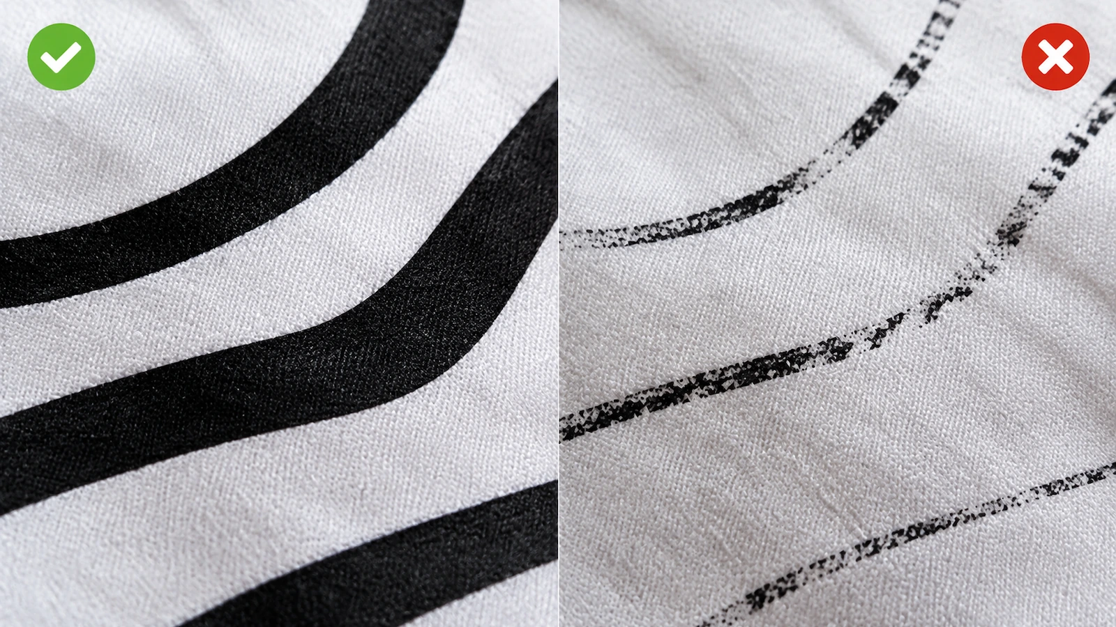 Macro comparison of bold printed lines holding sharp edges on cotton beside hairline strokes that break apart on the same fabric weave