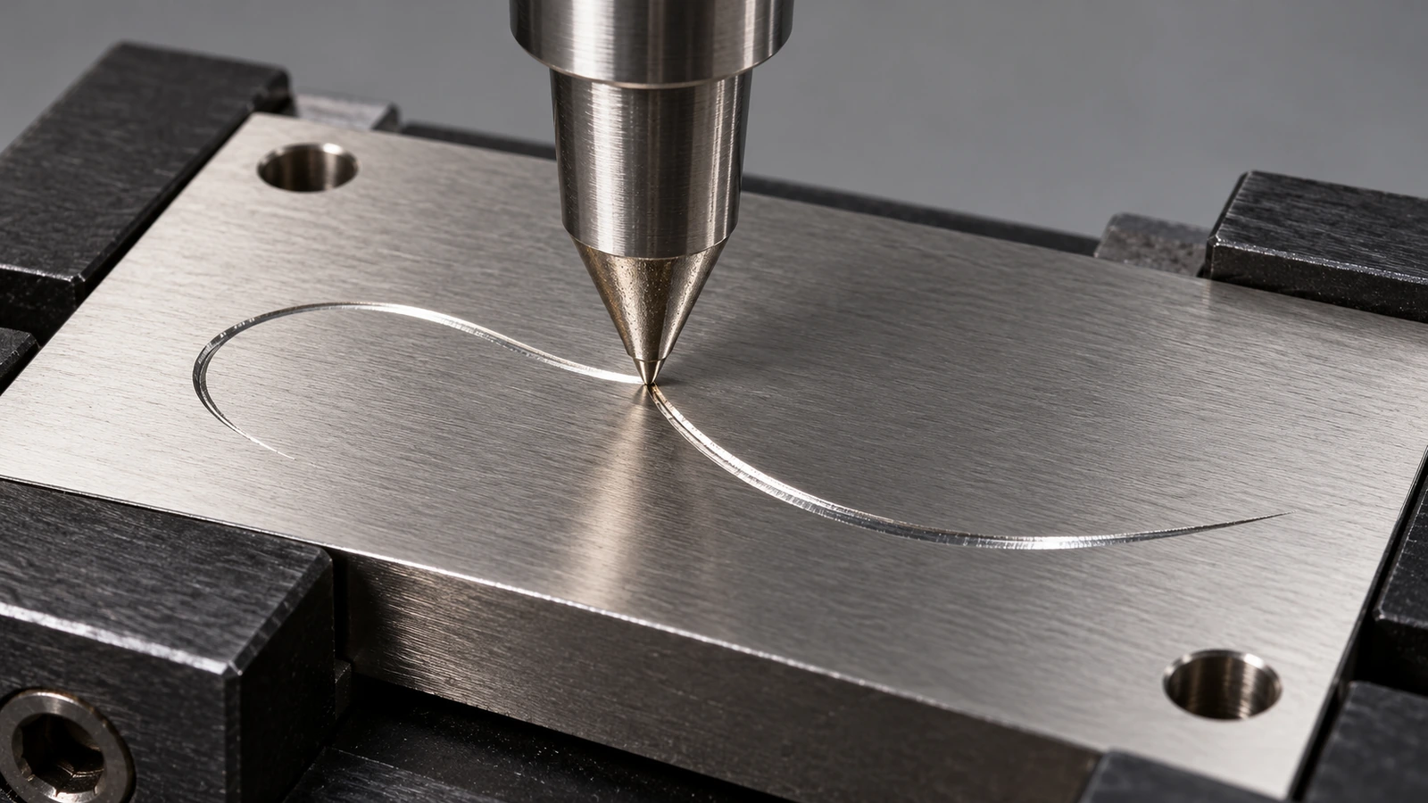 Diamond scribing stylus drawing a continuous groove into a brushed stainless steel nameplate