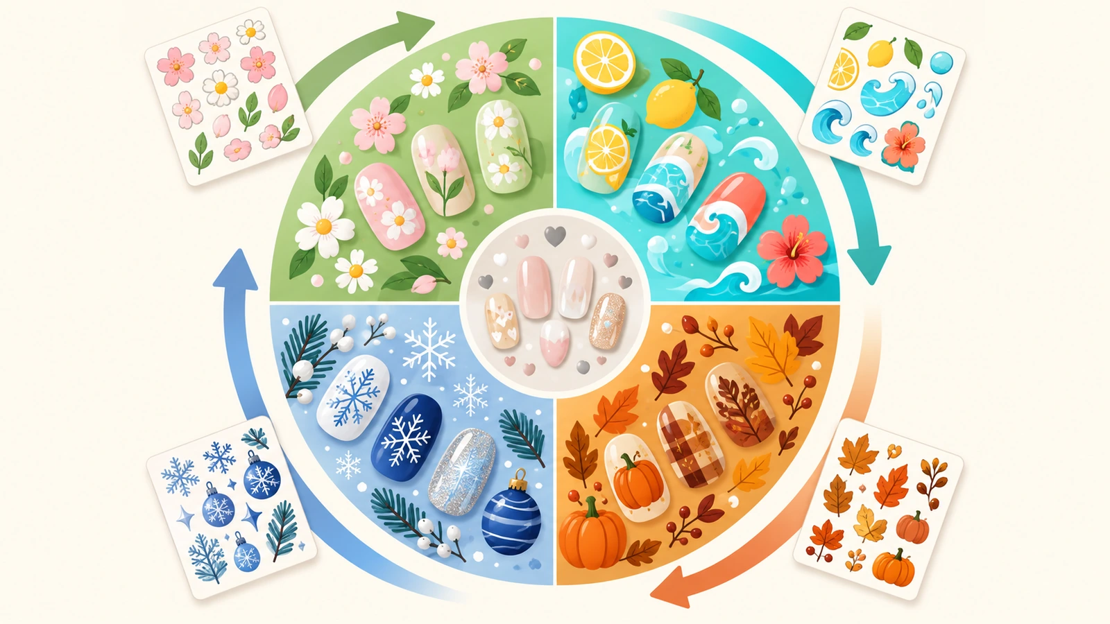 Circular seasonal calendar divided into four color-coded quadrants with spring florals, summer fruit, autumn leaves, and winter snowflake motifs, with arrows showing artwork planned one quadrant ahead of each launch
