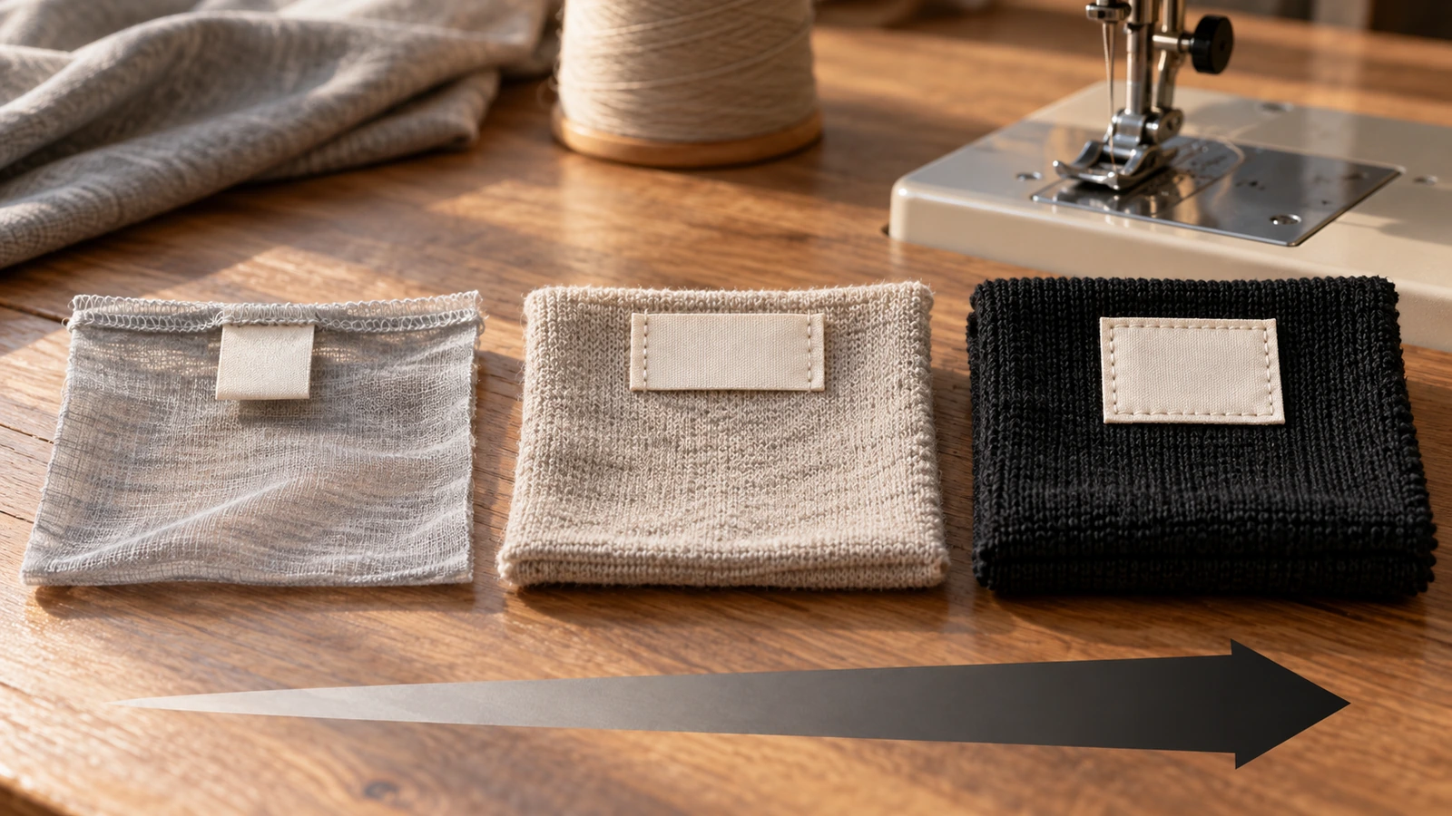 Three stacked jersey swatches from thin to thick, each with a blank woven label stitched by a different method, showing how fabric weight changes the attachment