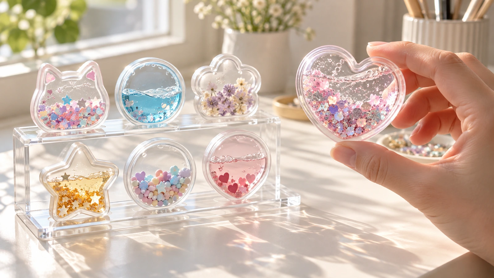Shaker sticker samples standing upright and inverted on a clear acrylic rack near a sunny window, with a hand gently shaking one sample