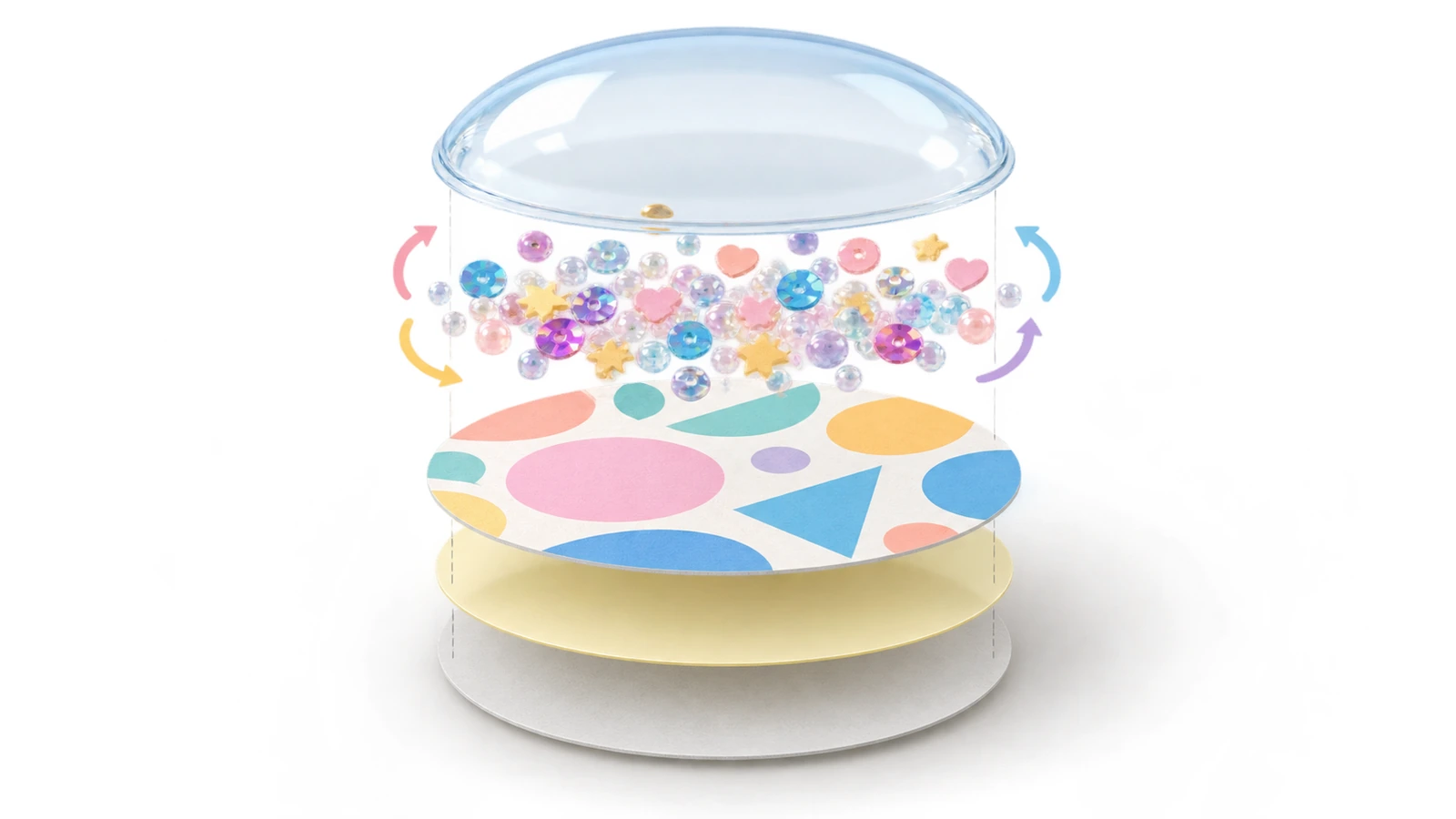 Exploded diagram of a shaker sticker showing printed base, cavity holding loose fill, clear raised dome, adhesive layer and release liner, with arrows showing fill movement