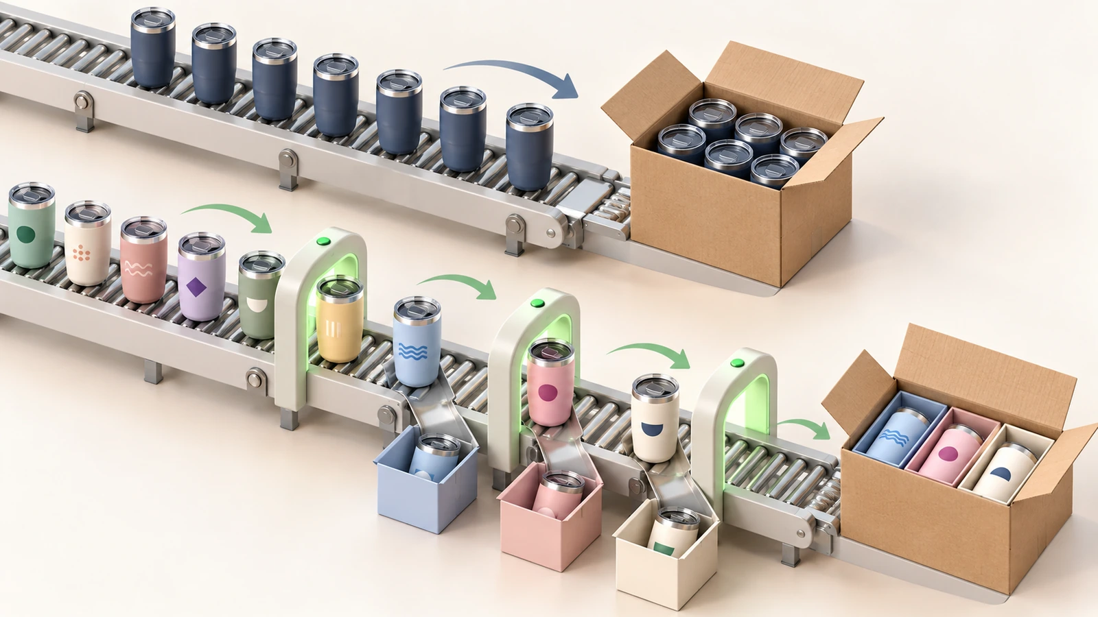 Two parallel workflow lanes: a short lane where identical tumblers move in one block, and a longer lane where distinct tumblers pass through extra checkpoint gates before shipping