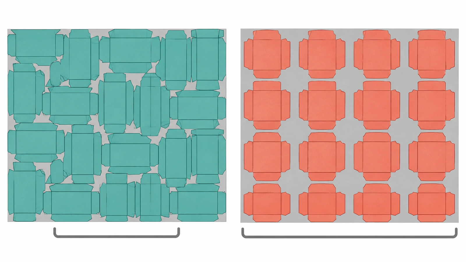 Top-down comparison of two press-sheet layouts showing interlocking reverse tuck cartons beside straight tuck cartons with more offcut