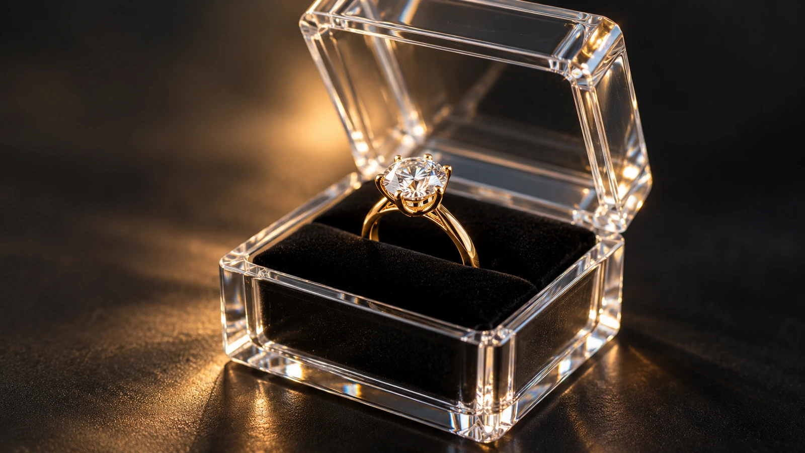 Close-up of a ring held upright by a slotted insert inside a small clear box, with soft light passing through the transparent walls