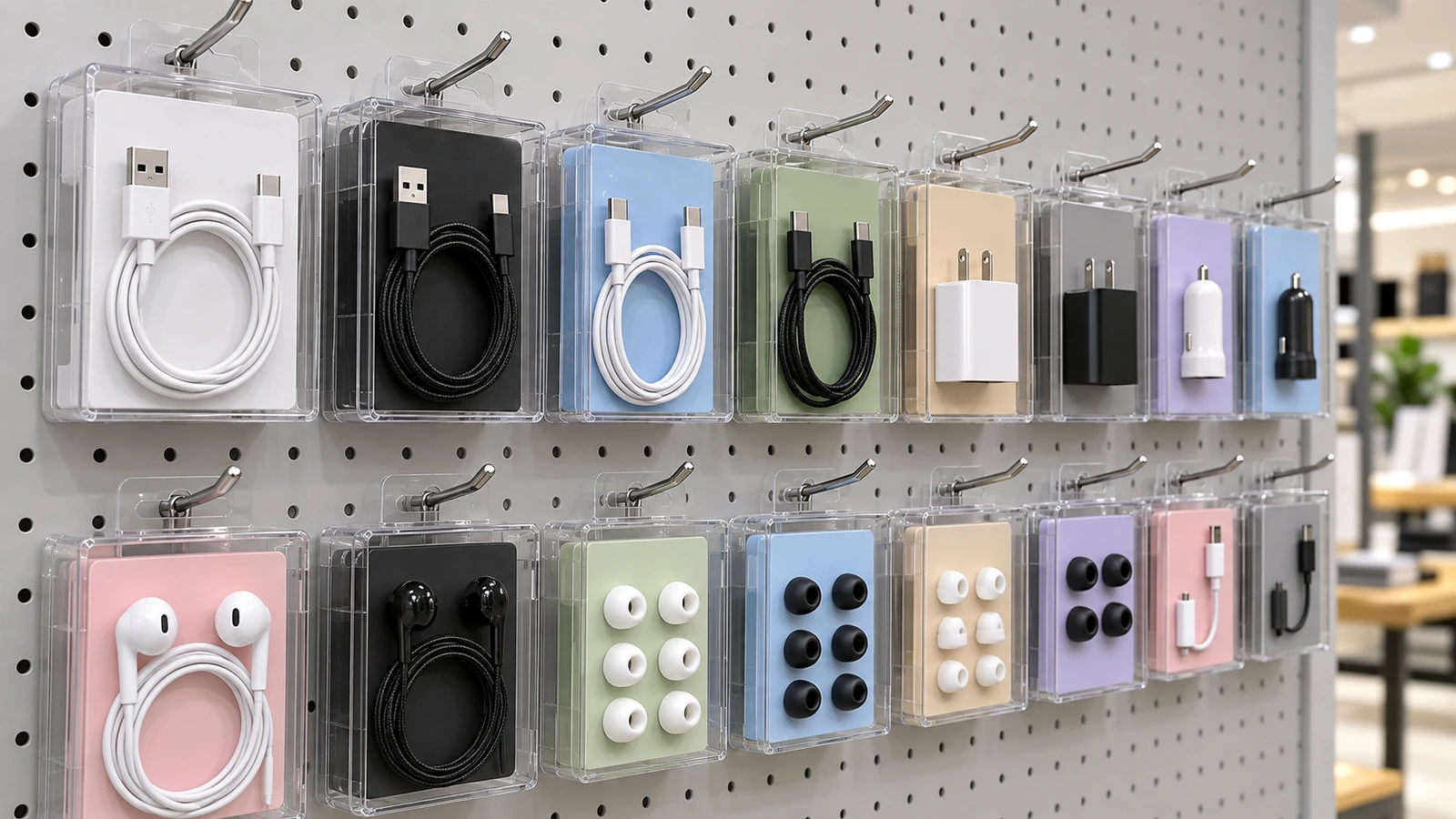 Row of small clear boxes with coiled cables and adapters hanging on retail peg hooks, connectors visible through the walls