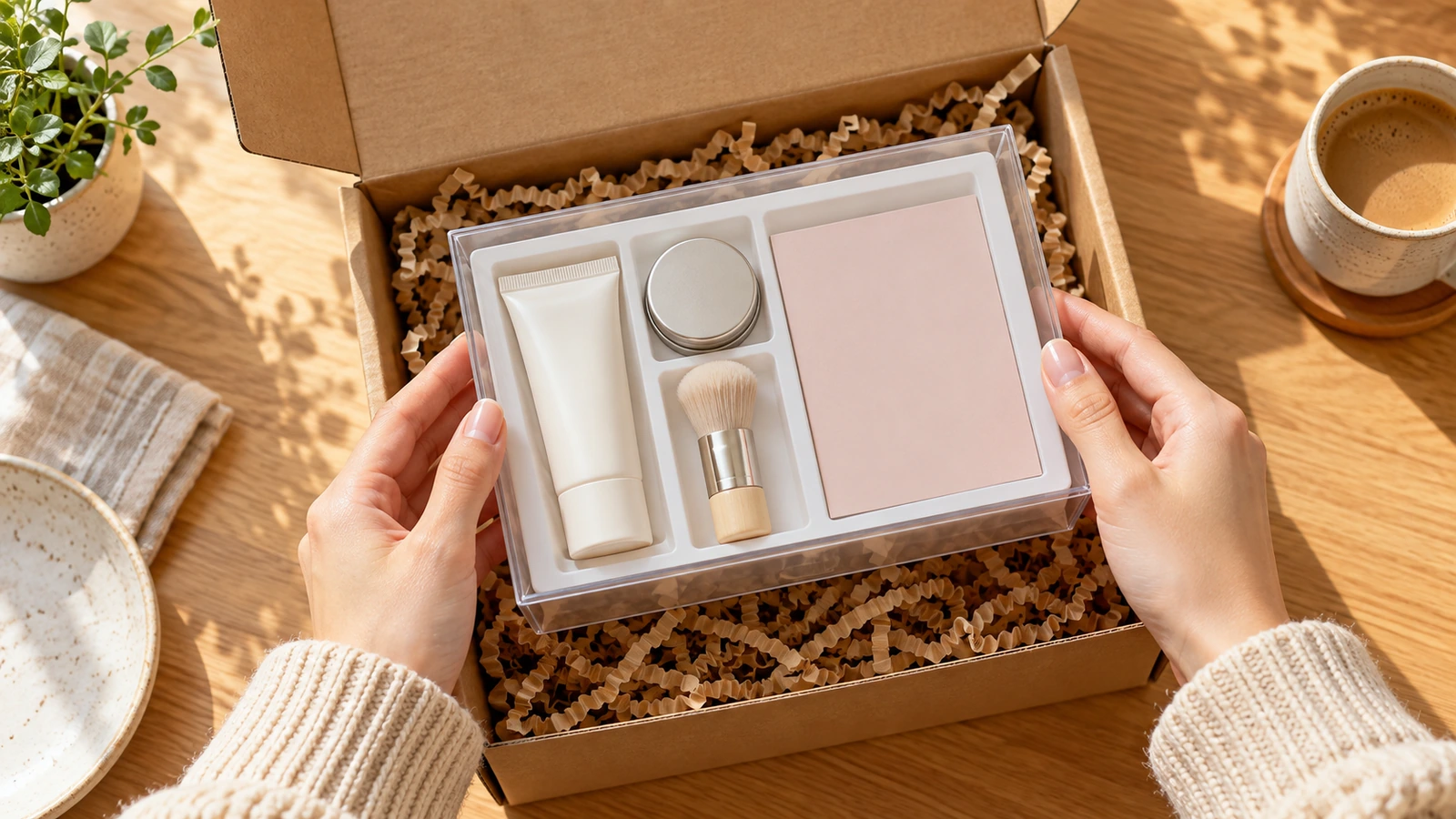 Hands lifting a small clear box containing a neatly compartmented promotional kit out of a kraft mailer, shot from above