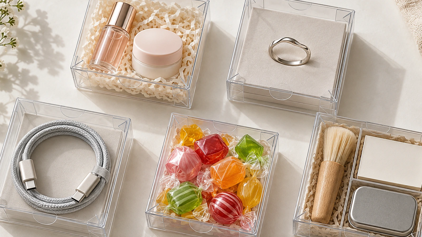 Five small clear plastic boxes on a light surface holding a cosmetic sample vial, a ring, a coiled charging cable, colorful candies and a mini promotional kit