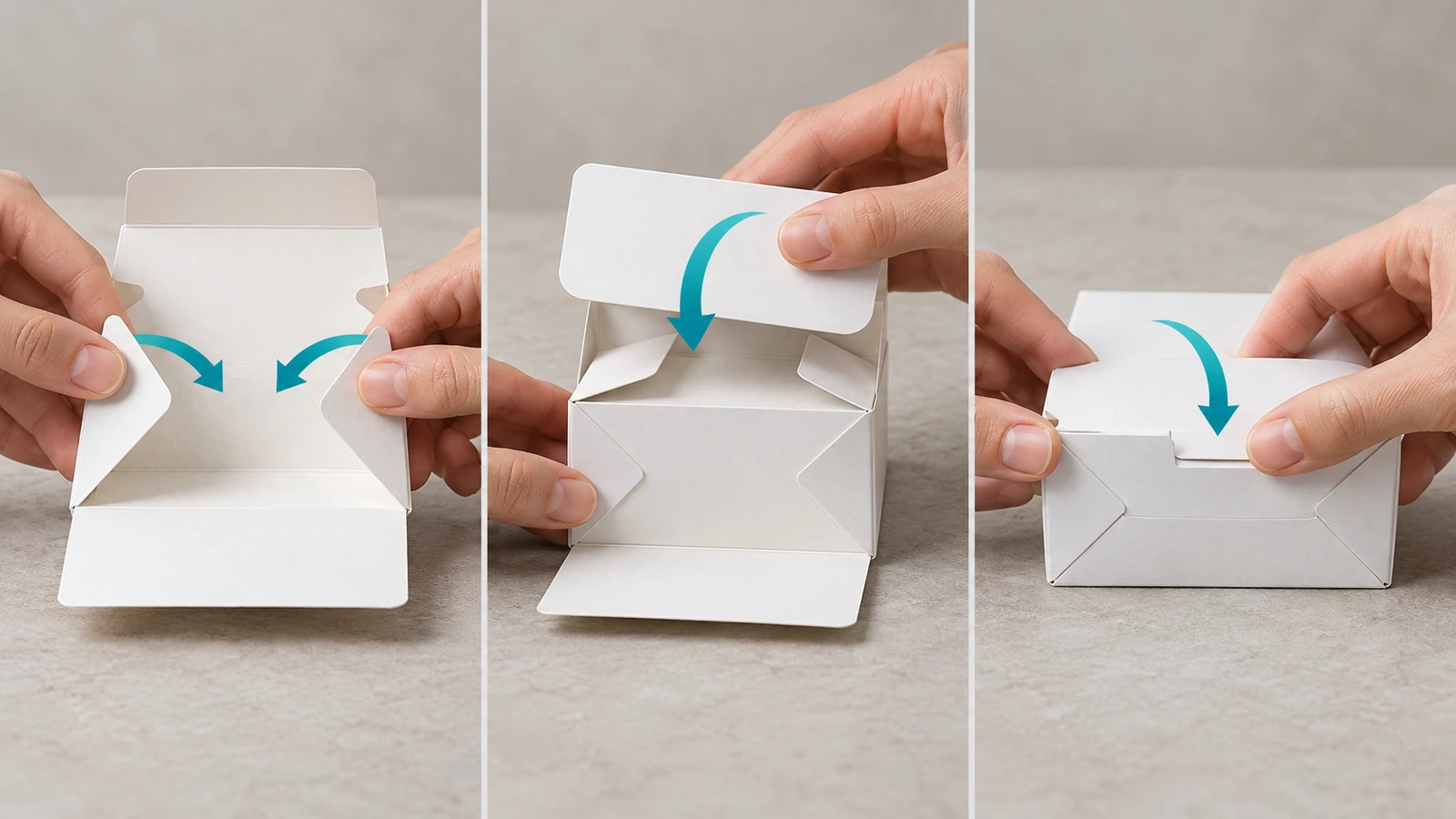 Three-stage sequence of hands folding a 1-2-3 snap lock bottom: side flaps, back flap, then front flap tab seated