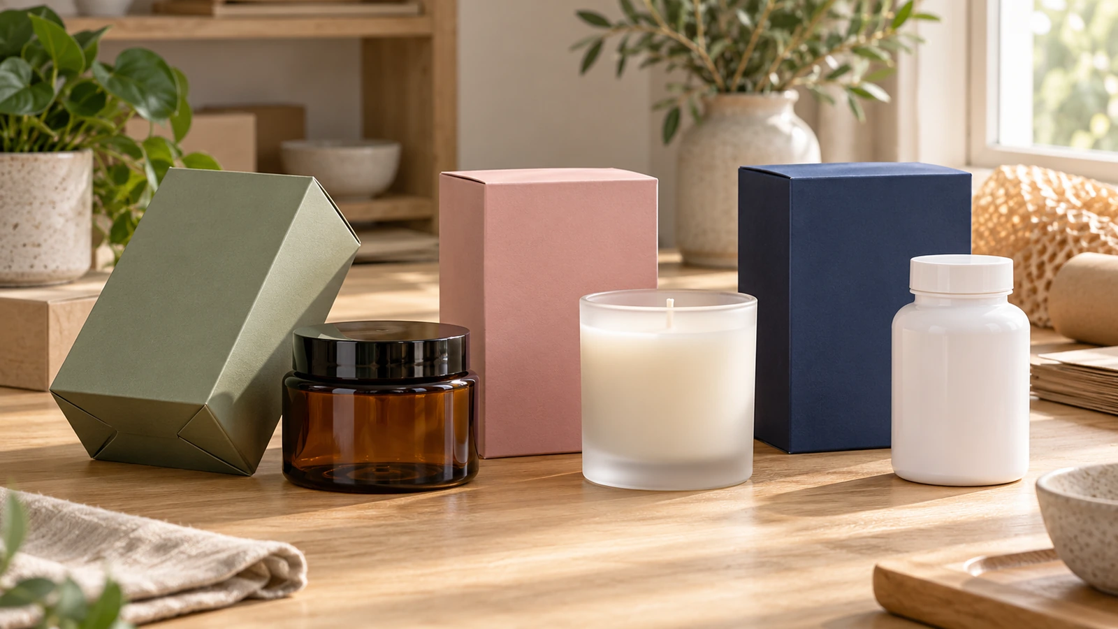 Printed lock-bottom cartons beside a glass jar, a candle vessel and a supplement bottle, showing products suited to a snap lock base