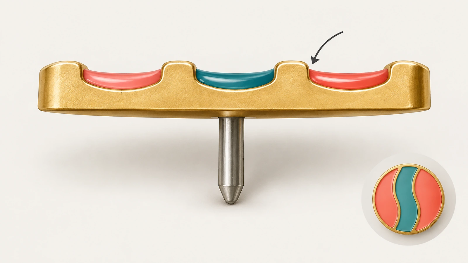 Cross-section illustration of a soft enamel pin showing colored enamel resting below raised metal ridges on a plated base