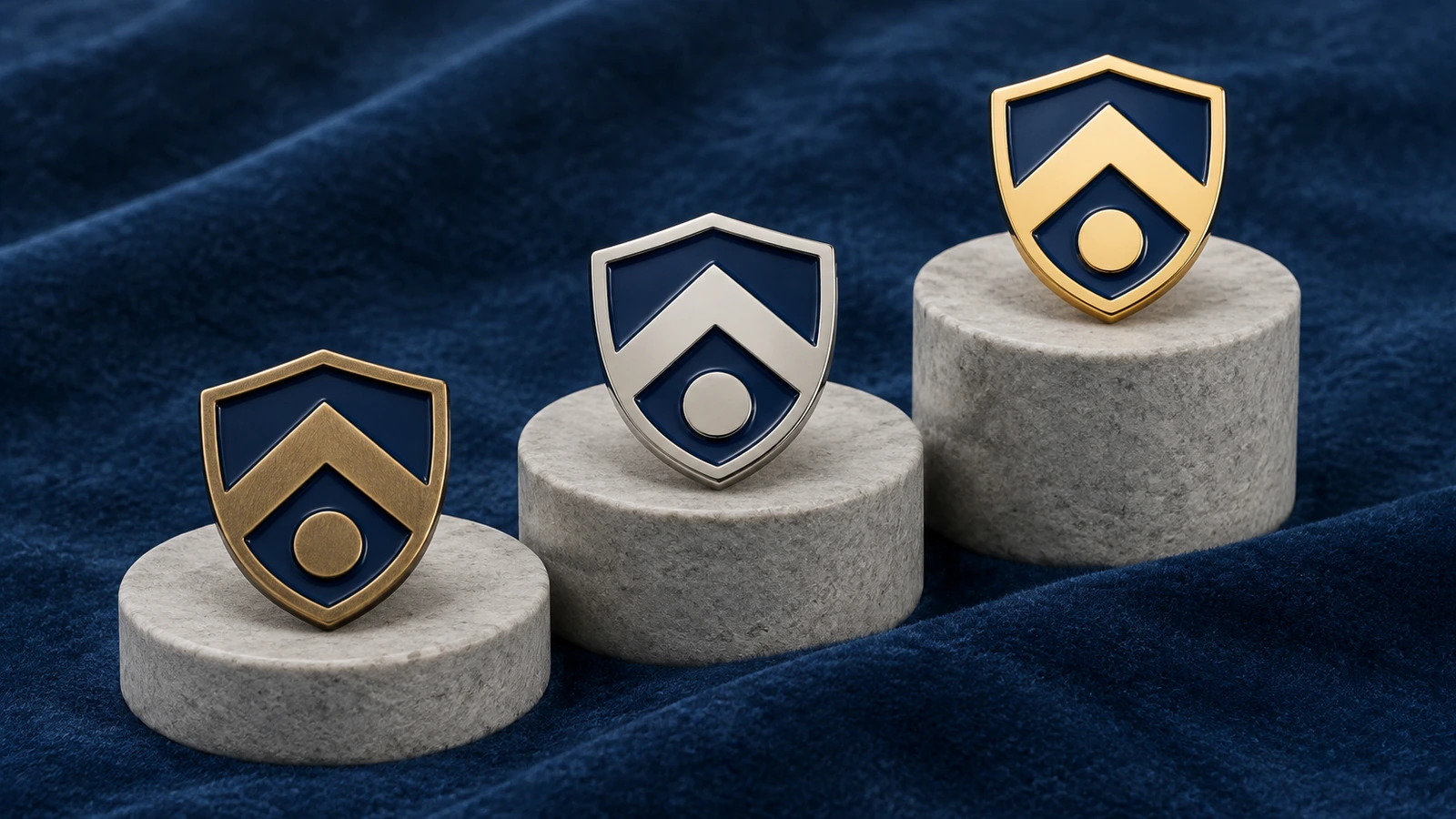 Three identical soft enamel pins in bronze, silver and gold plating arranged in a row to represent employee recognition tiers