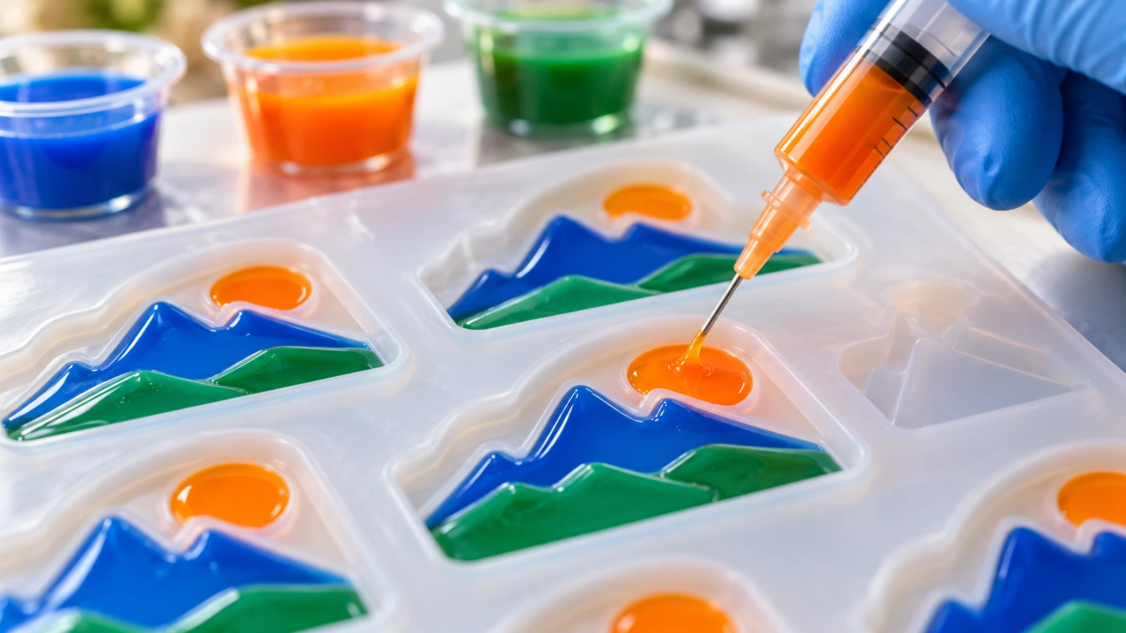 Liquid soft PVC being filled color by color into a silicone mold for a 3D souvenir magnet