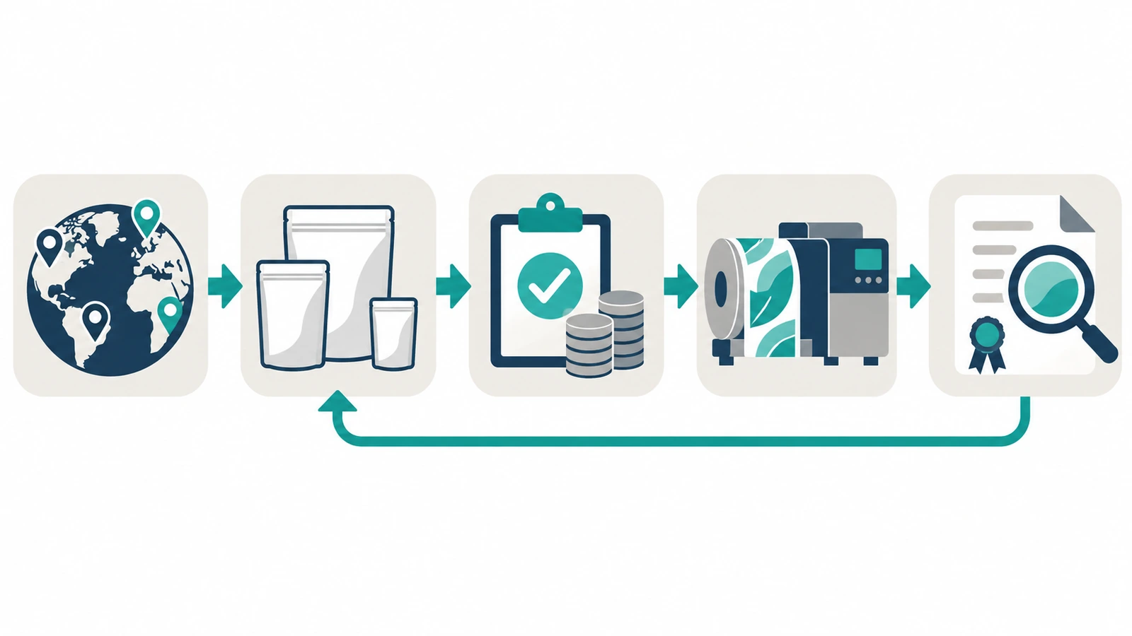 Decision flow from market mapping to configuration count, testing budget, print method choice and supplier screening