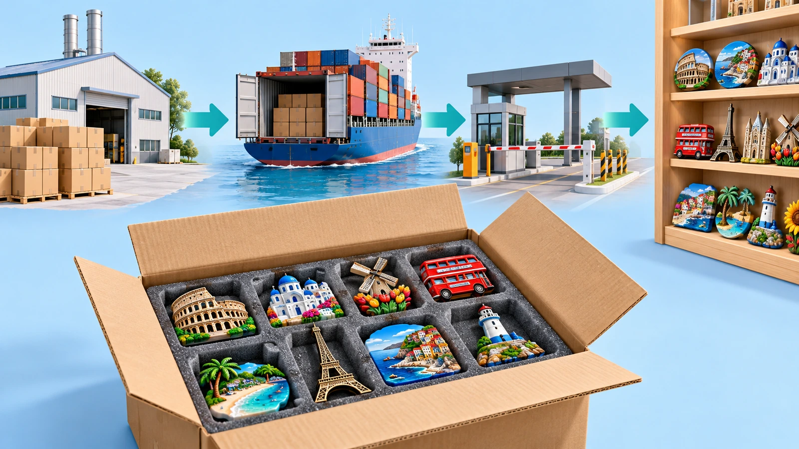 Packed cartons of souvenir magnets moving from factory to cargo container to retail shelf, shown with directional arrows