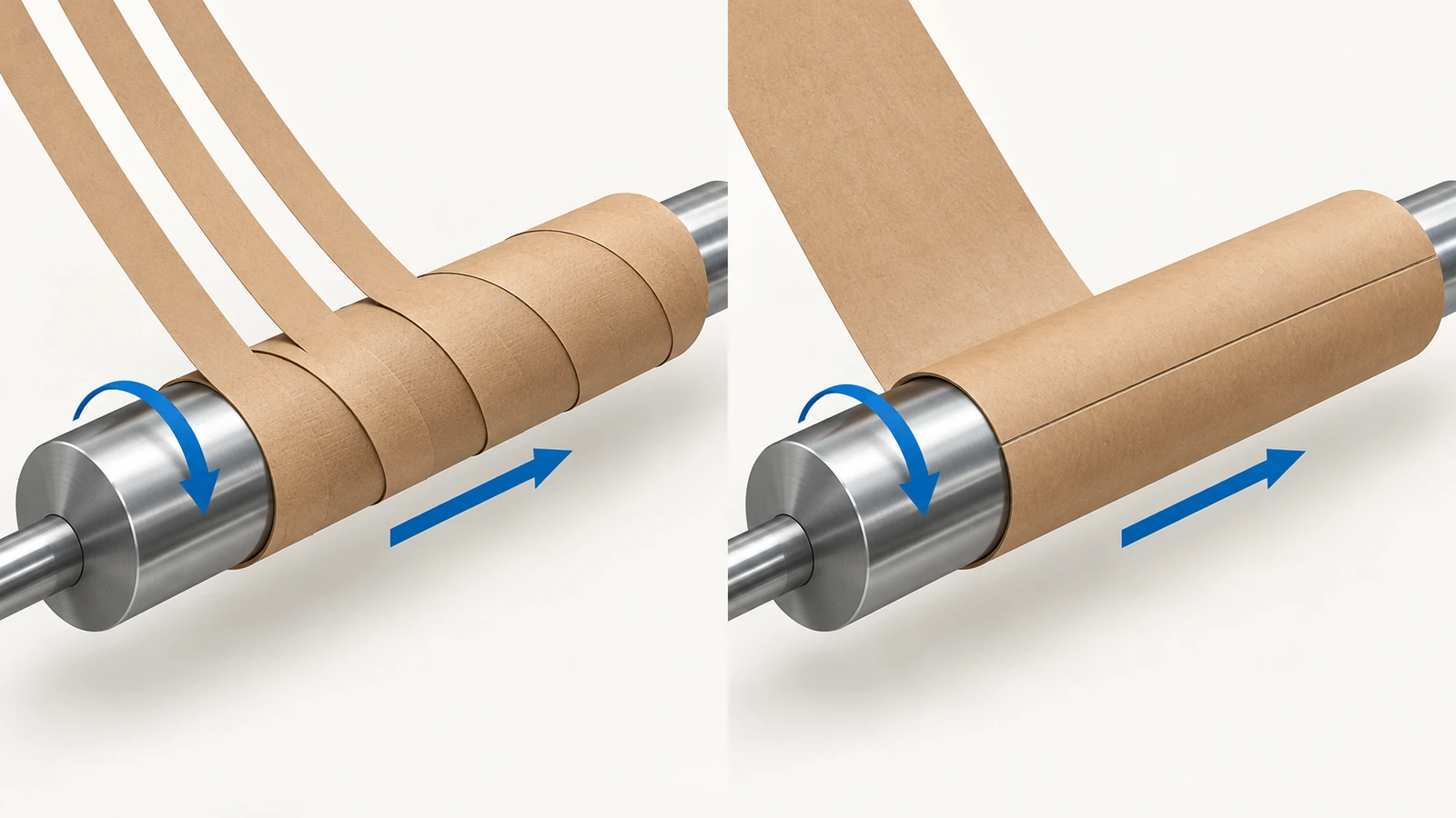 Side-by-side diagram of spiral winding with angled strips on a mandrel and convolute winding with one sheet rolled parallel to the axis