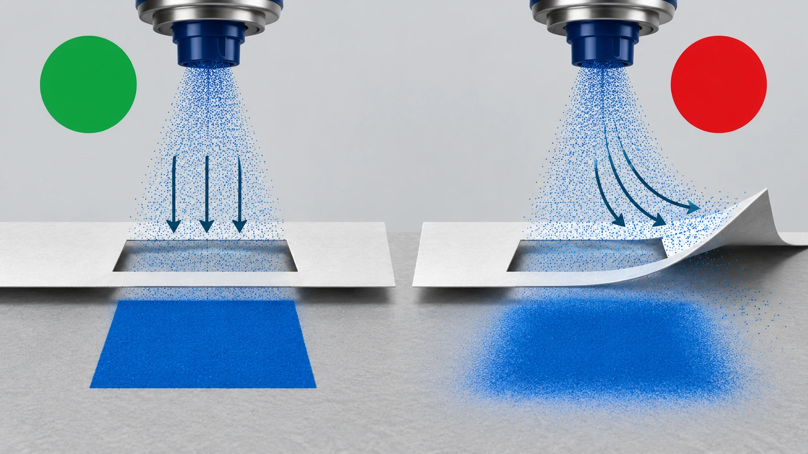 Cross-section diagram showing aerosol mist reaching a surface through a flat stencil edge versus mist creeping under a lifted stencil edge