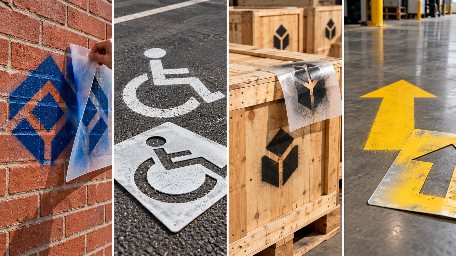 Four-panel scene showing spray stencils used on a brick wall logo, a parking lot surface, a row of shipping crates, and a warehouse floor safety arrow