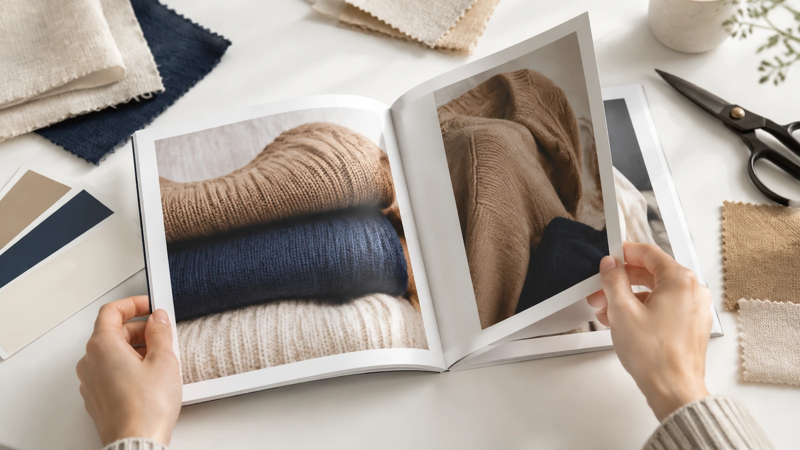 Hands turning the pages of a square fashion lookbook on a table with fabric swatches and color chips