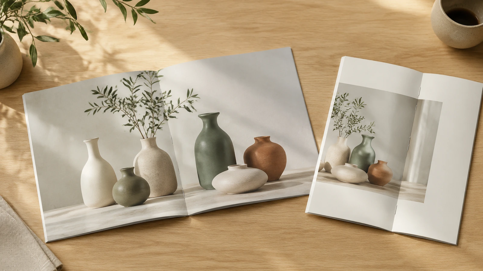 A square booklet opened to a wide panoramic product spread beside a portrait booklet showing a narrower spread on a light oak table