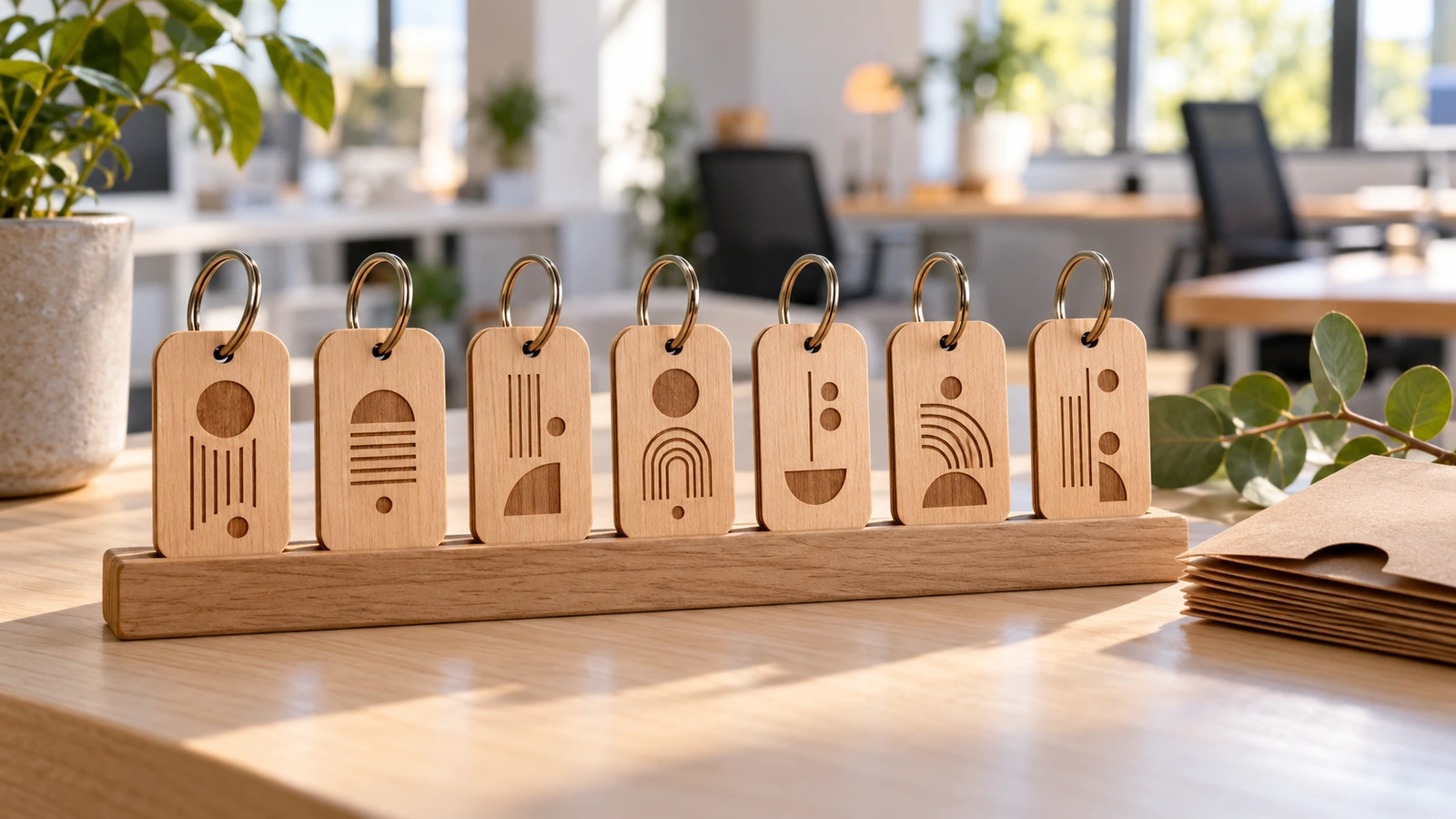 Row of matching wooden staff appreciation keychains, each engraved with a different abstract motif, standing for individual name personalization