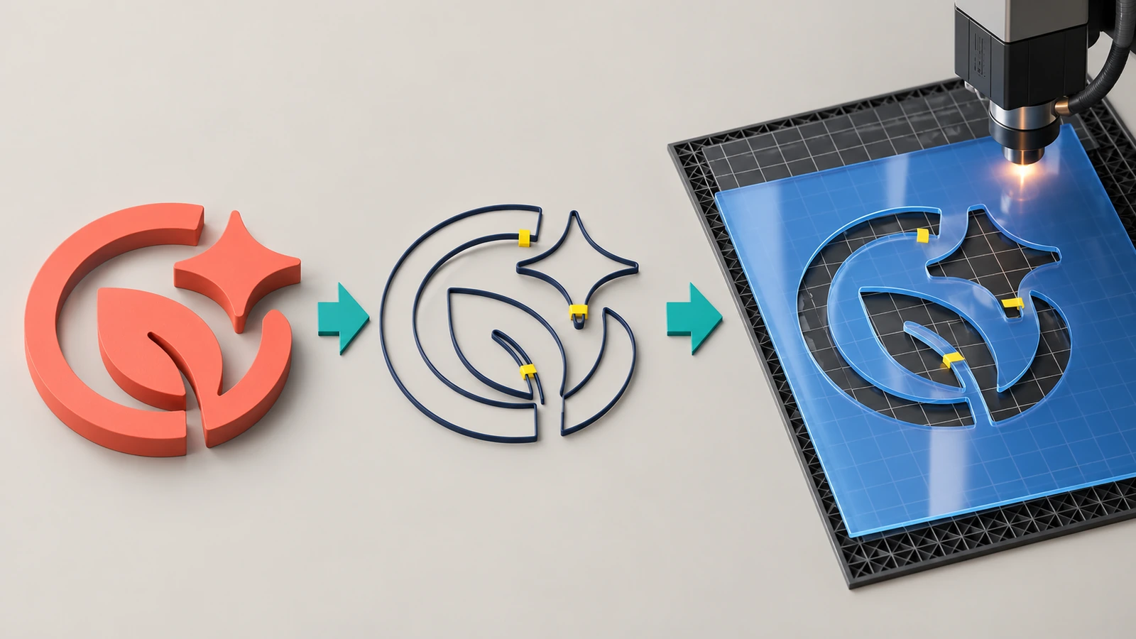 Workflow from an abstract logo shape to a vector outline with highlighted bridge connectors and a finished translucent cut stencil sheet