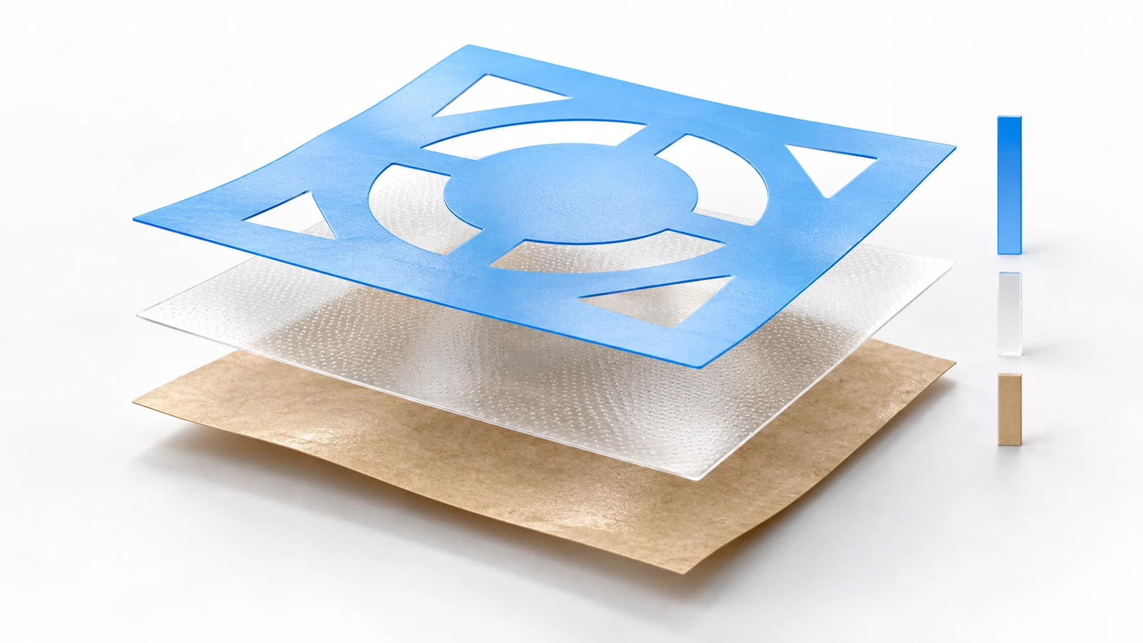 Exploded view of a self-adhesive stencil film showing face film, adhesive layer and release liner as separate colored layers