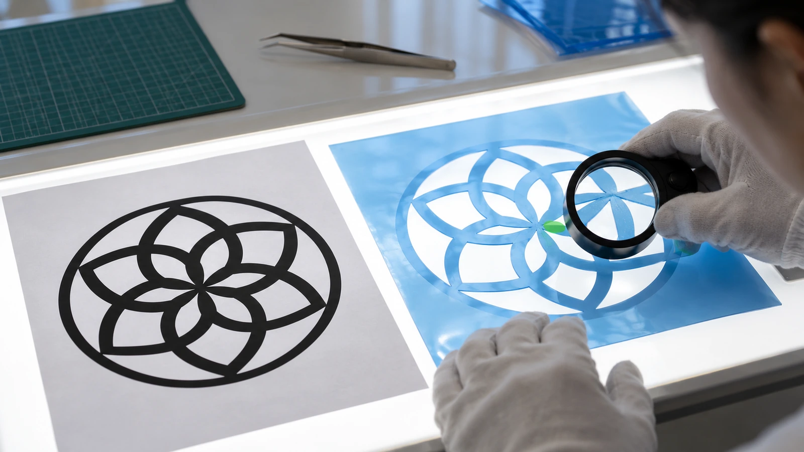 Inspector comparing a cut adhesive stencil sheet against an approved proof print using a loupe on a light table