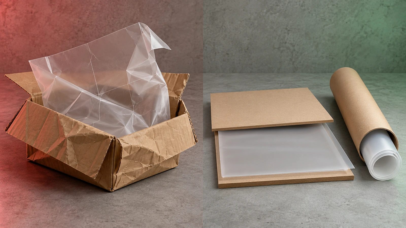 Side-by-side contrast of a creased folded stencil sheet and a flat sheet protected by a rigid board and a rolled sheet in a tube