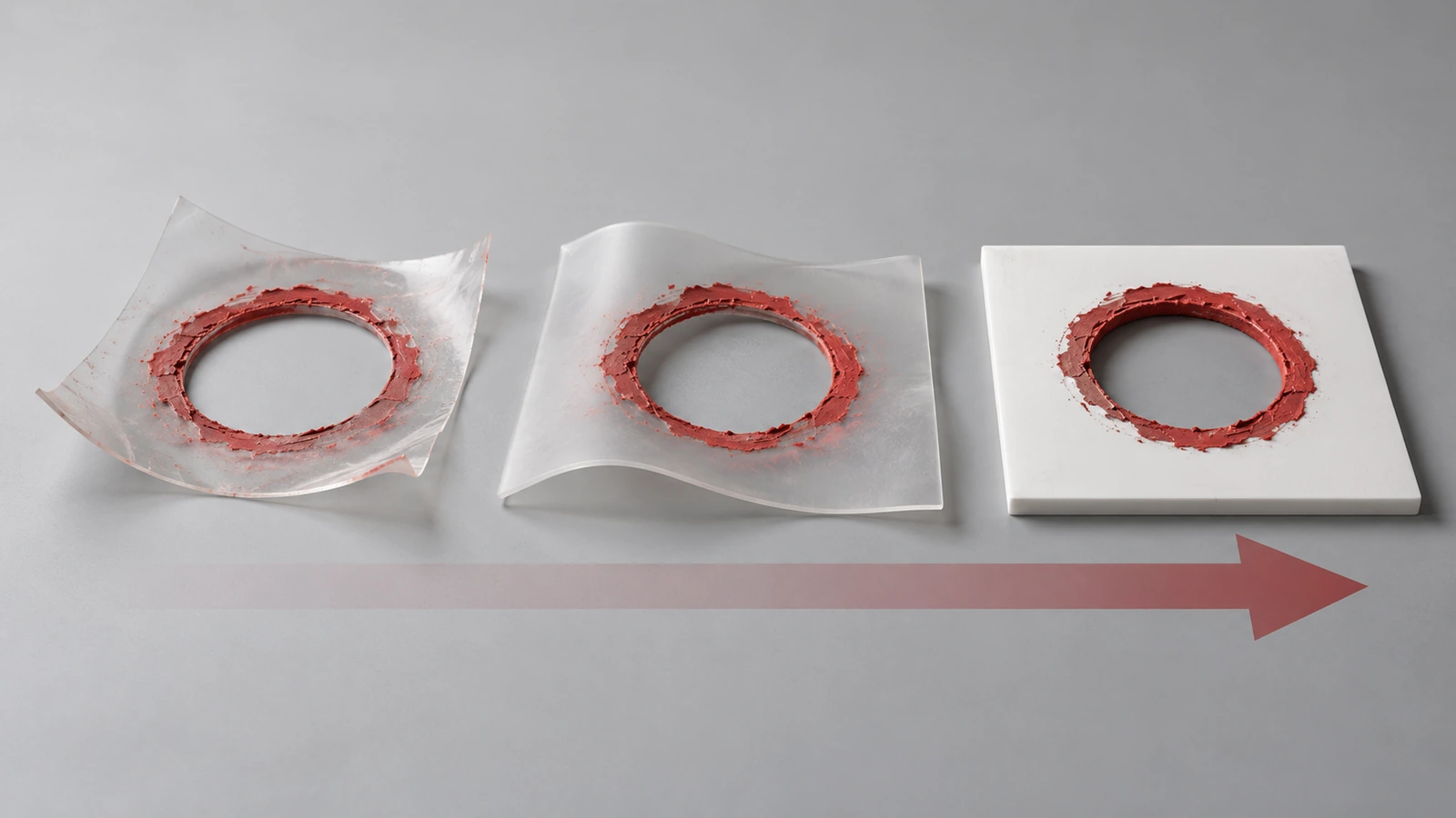 Side-by-side illustration of thin film, mid film and thick polyethylene stencil sheets after repeated spray passes, with the thin sheet curling and the thick sheet lying flat