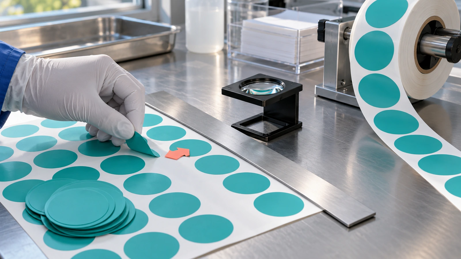 Inspection bench showing a hand peeling stickers from a sheet, a ruler measuring cut registration, and a label roll mounted for an unwind check