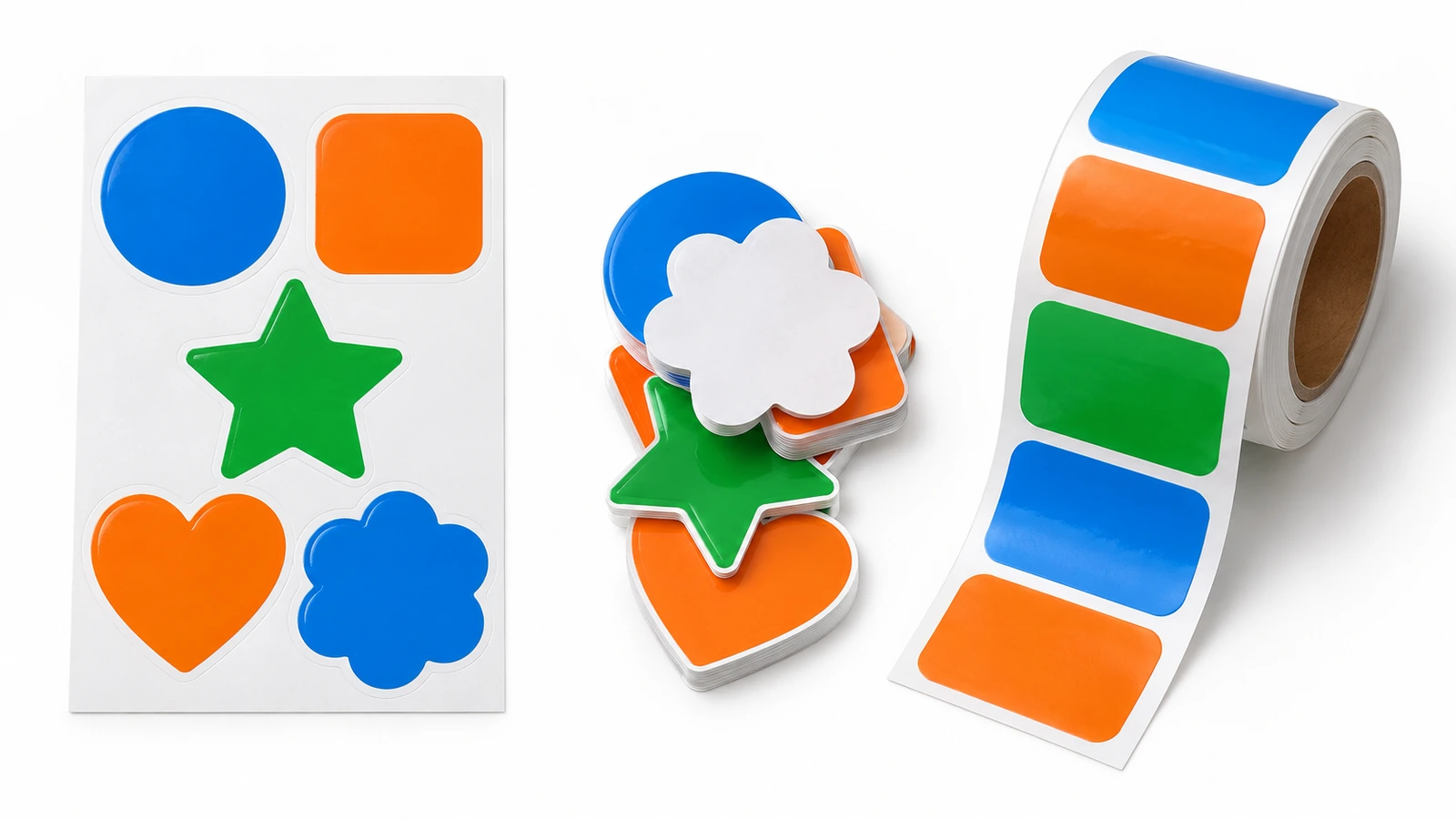 Three die-cut sticker formats side by side: a sheet with several stickers on one liner, a loose stack of individually cut singles, and a wound roll of labels on a core