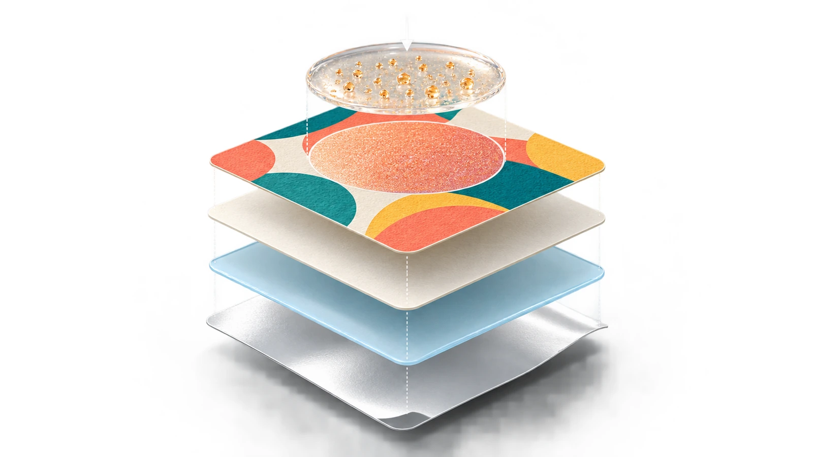 Exploded layer diagram of a scented sticker showing liner, adhesive, paper face stock, printed artwork and a separate clear scent coating confined to one circular zone