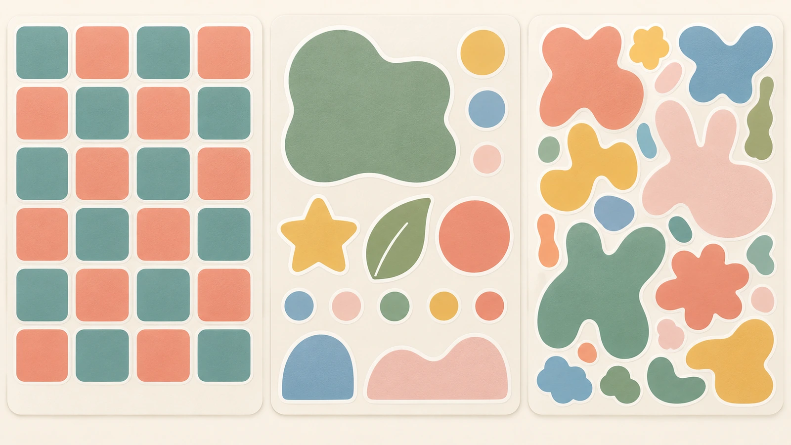 Three sticker sheet layouts side by side: an even grid of tiles, a hero shape with supporting tiers, and an organic scattered collage