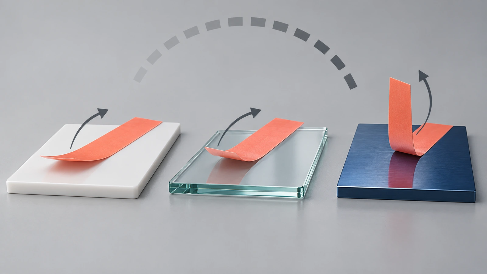 Side-by-side illustration of a sticker being peeled at two different angles from a plastic housing, a glass panel and a painted metal sheet, with curved arrows showing peel direction
