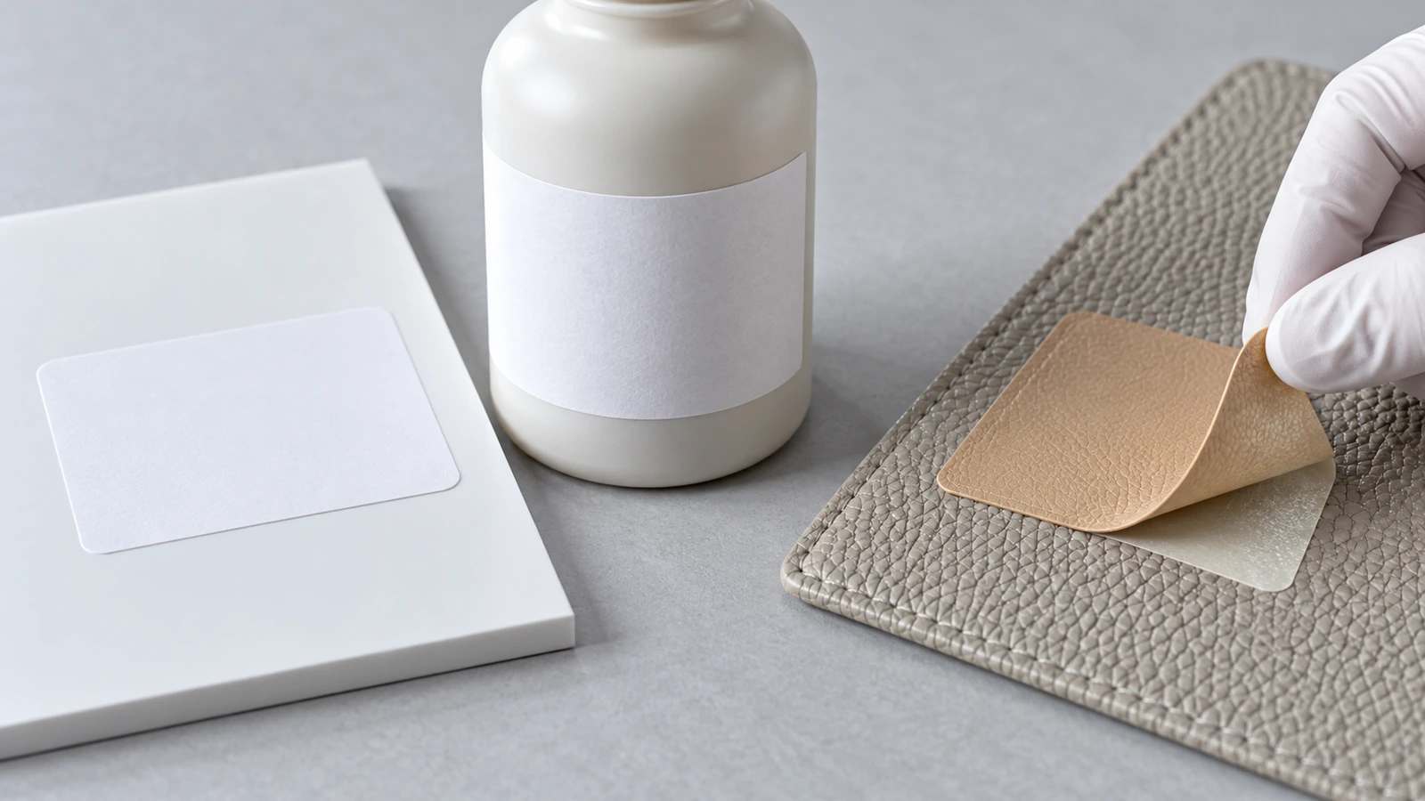 Sample stickers applied to flat, curved and textured test panels, with one label being peeled back at a right angle to check adhesion