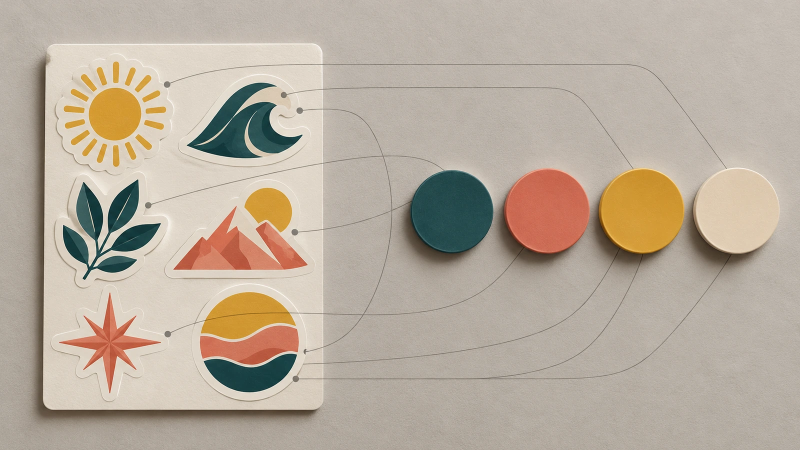 A set of kiss-cut stickers in coordinated colors arranged next to matching round color swatches, showing one shared palette