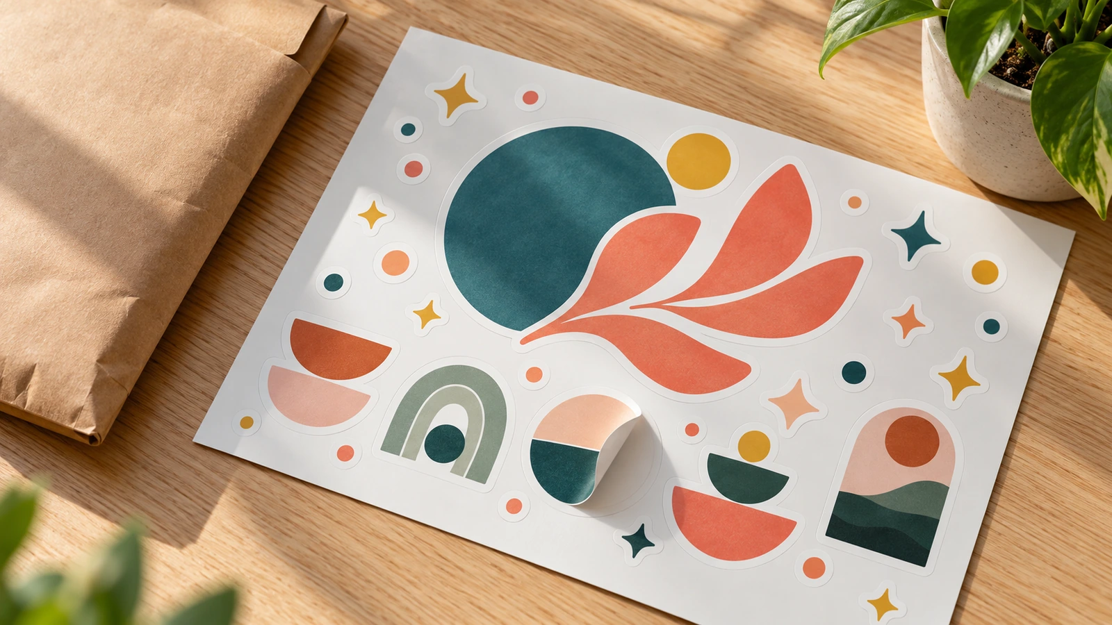 Finished kiss-cut sticker sheet on a desk with one large hero shape, a middle tier of icons, and small filler shapes in a balanced layout