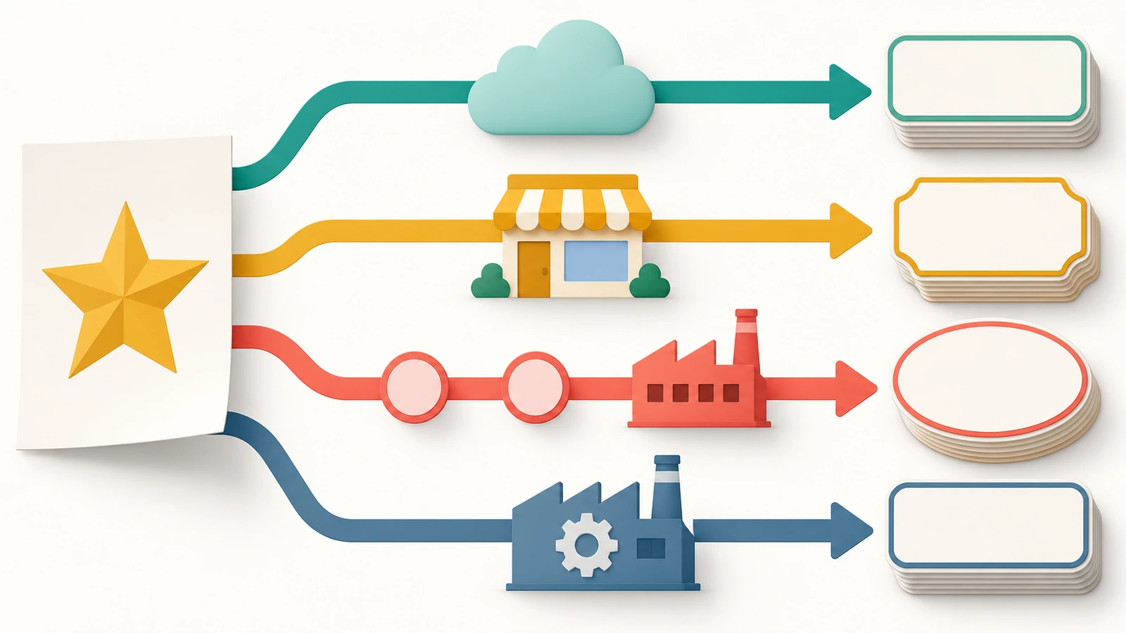 Diagram of four sourcing paths from a brand's artwork to finished stickers: online shop, local printer, trading agent and factory-direct manufacturer, with the number of handoffs shown by arrows