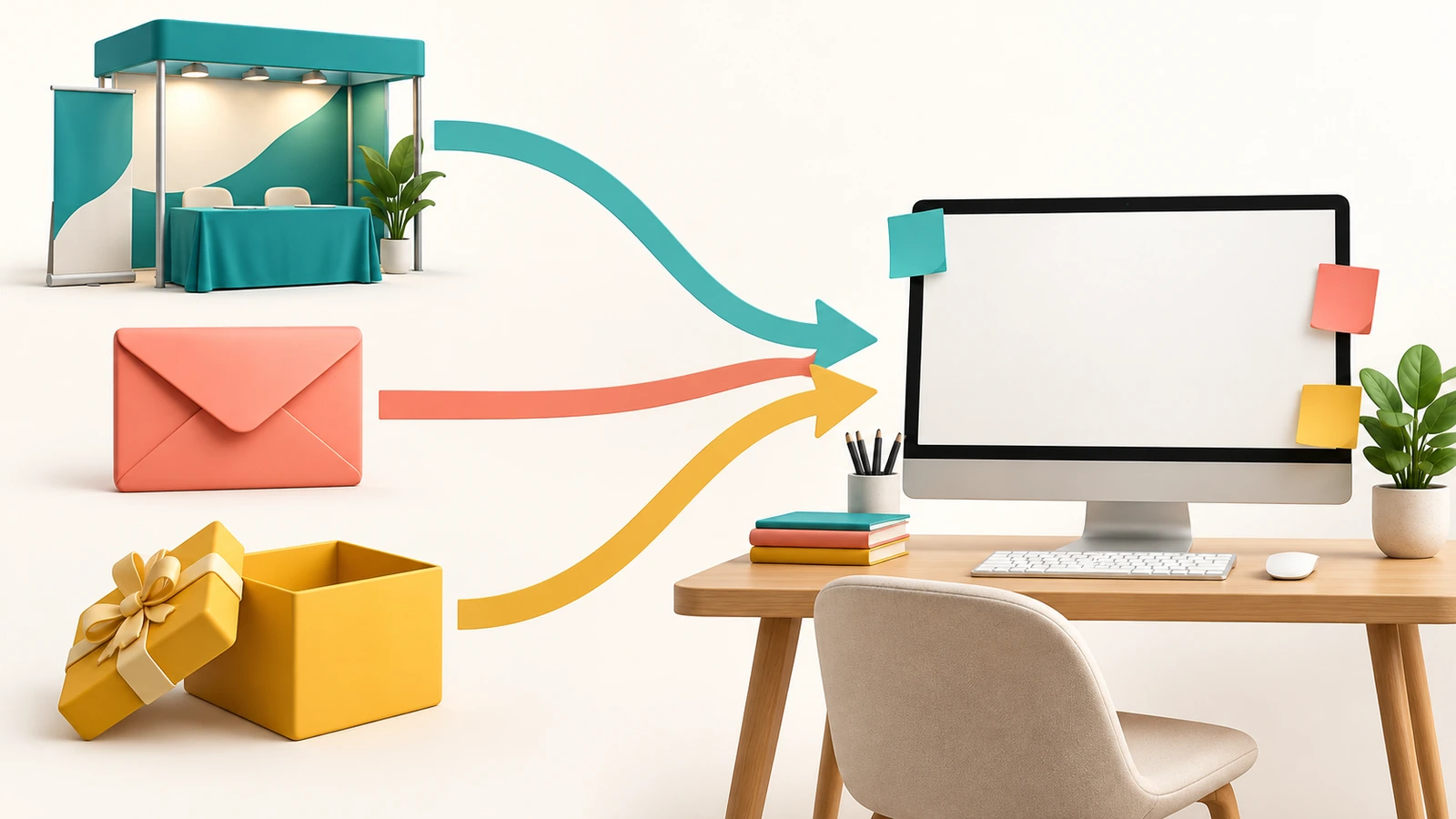 Diagram showing three paths for promotional sticky notes: a trade-show booth, a mailed envelope and a welcome box, each with arrows leading to an office desk where colored note sheets are stuck to a monitor
