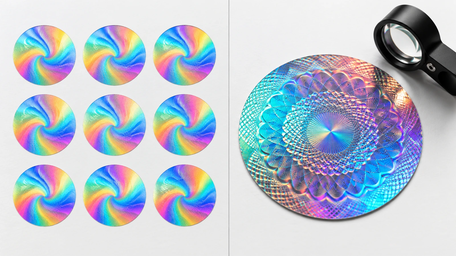 Side-by-side comparison of identical generic rainbow hologram stickers versus a distinct custom-originated security hologram with a unique optical pattern