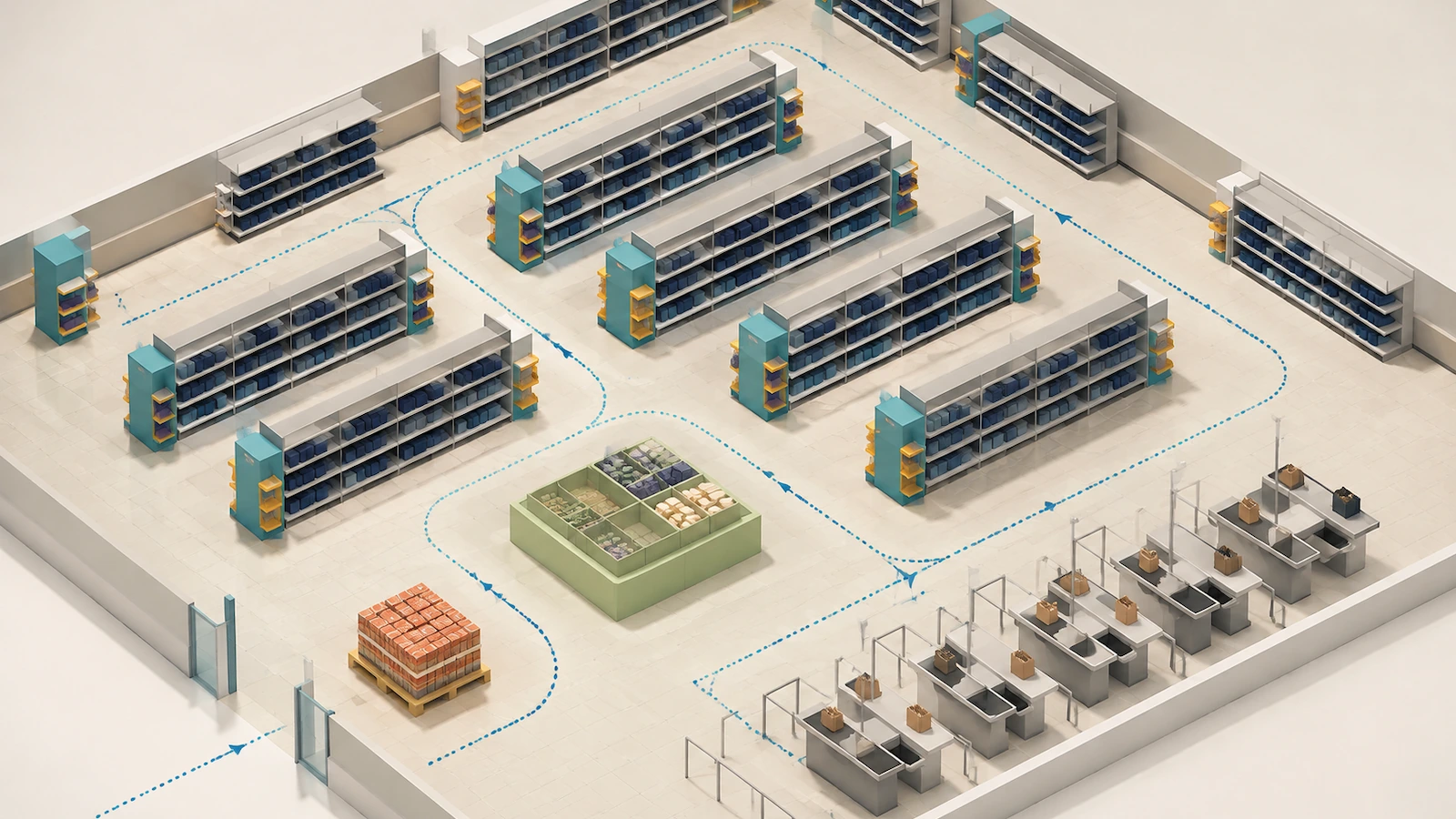 Top-down store floor plan showing which display format fits each zone: pallet units near the entrance, endcaps at aisle ends, trays on shelves, a dump bin in the seasonal area, and counter units at checkout