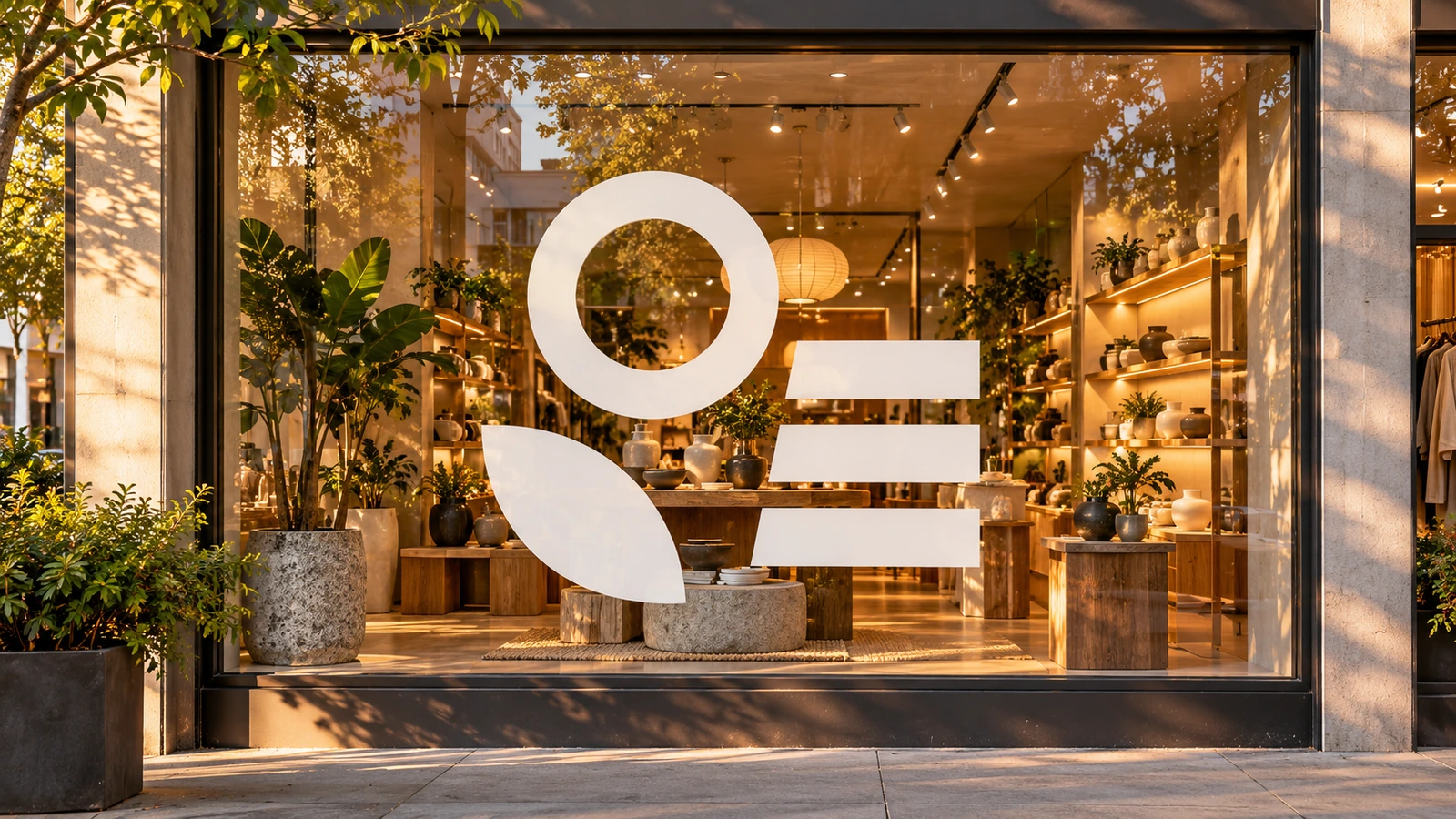 Retail storefront window with a single-color cut vinyl emblem applied to clear glass, the interior visible through the gaps between shapes