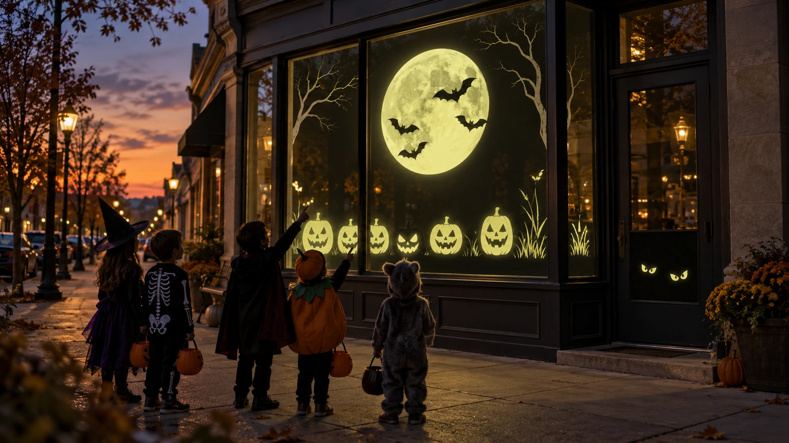 Storefront window at dusk with glow in the dark window clings of a moon, bats and jack-o'-lantern faces glowing above silhouetted trick-or-treaters